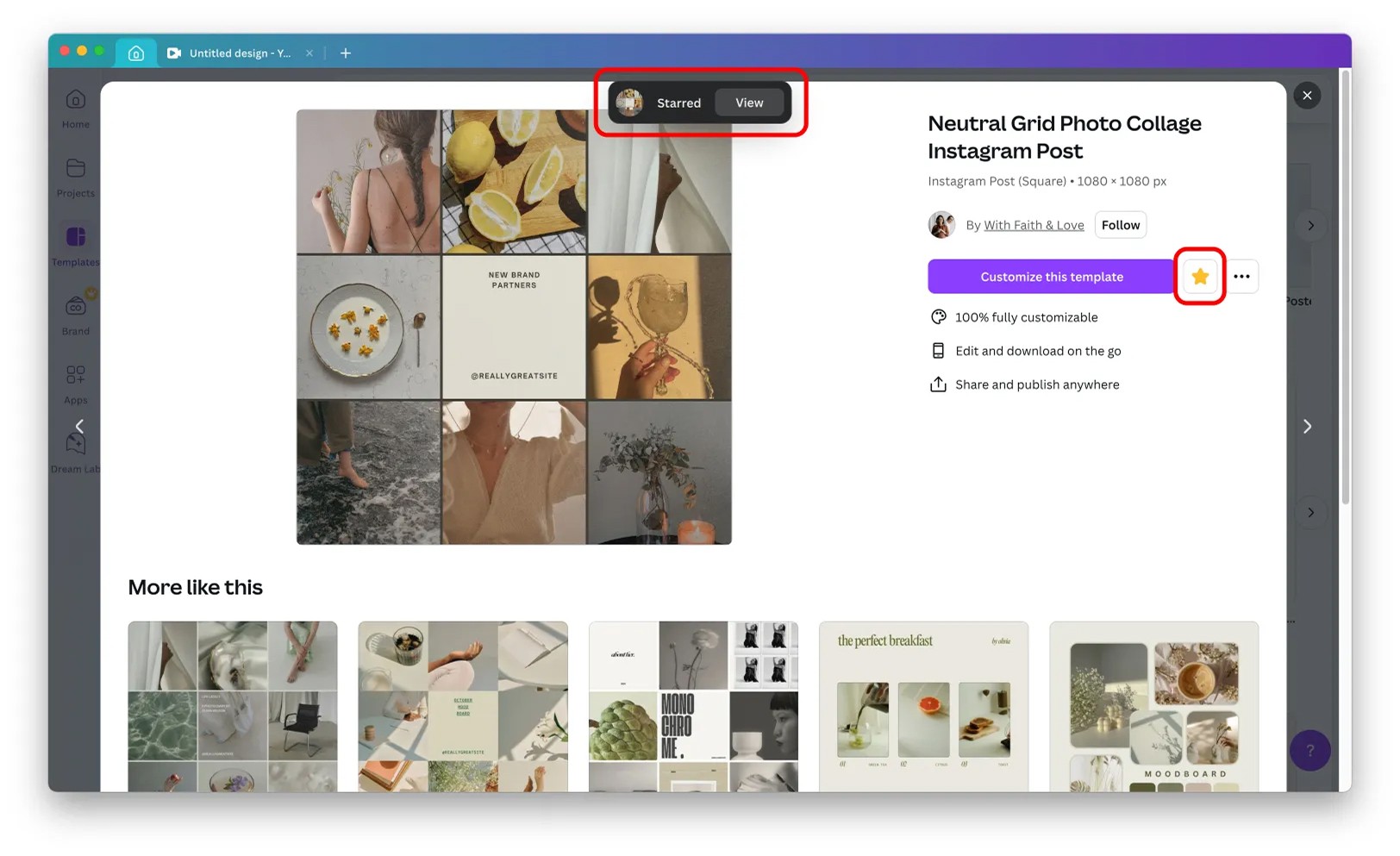 Canva template detail with the star icon highlighted