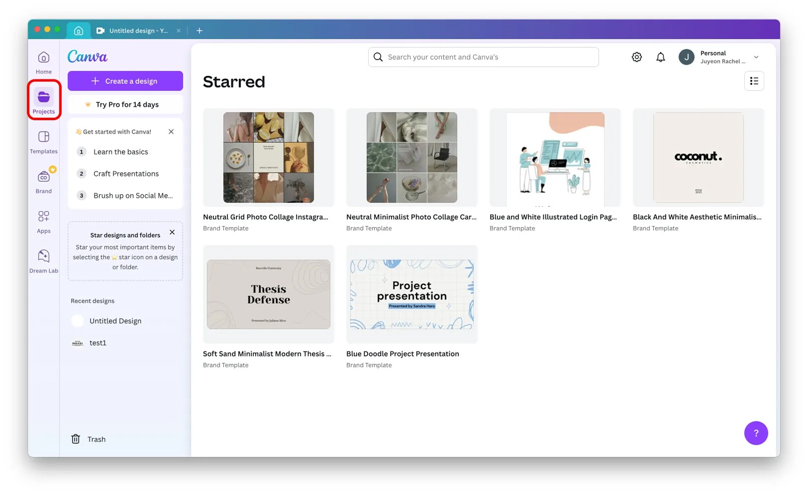 Canva Starred screen shown under the Projects sidebar item