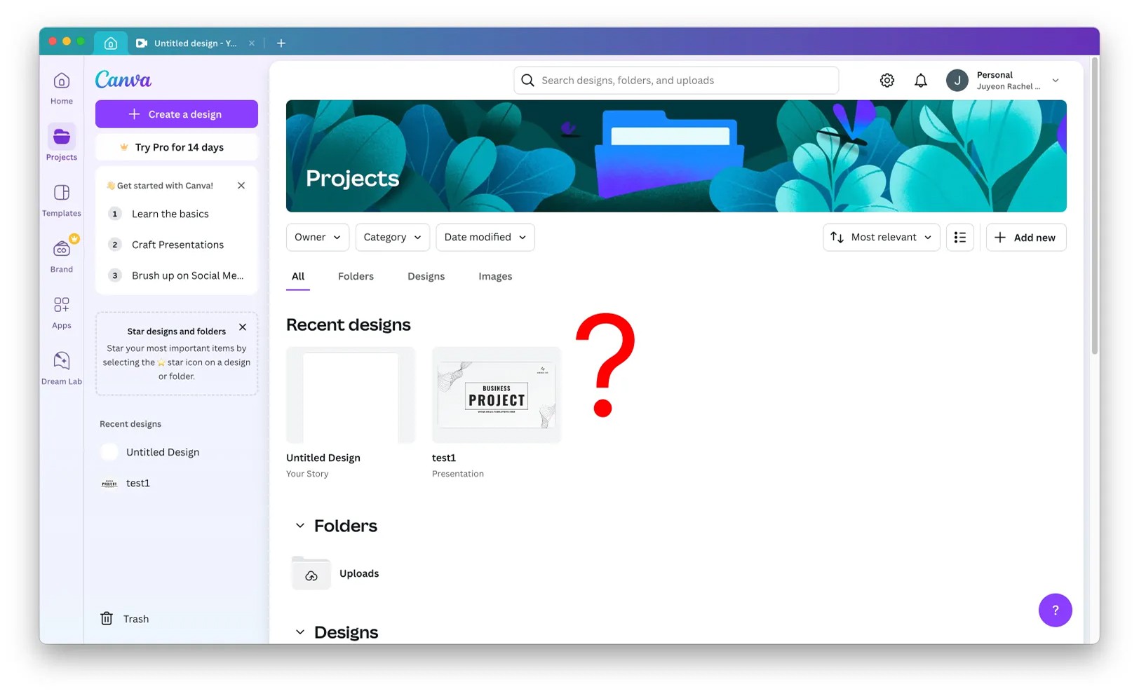 Canva Projects category without the Starred content