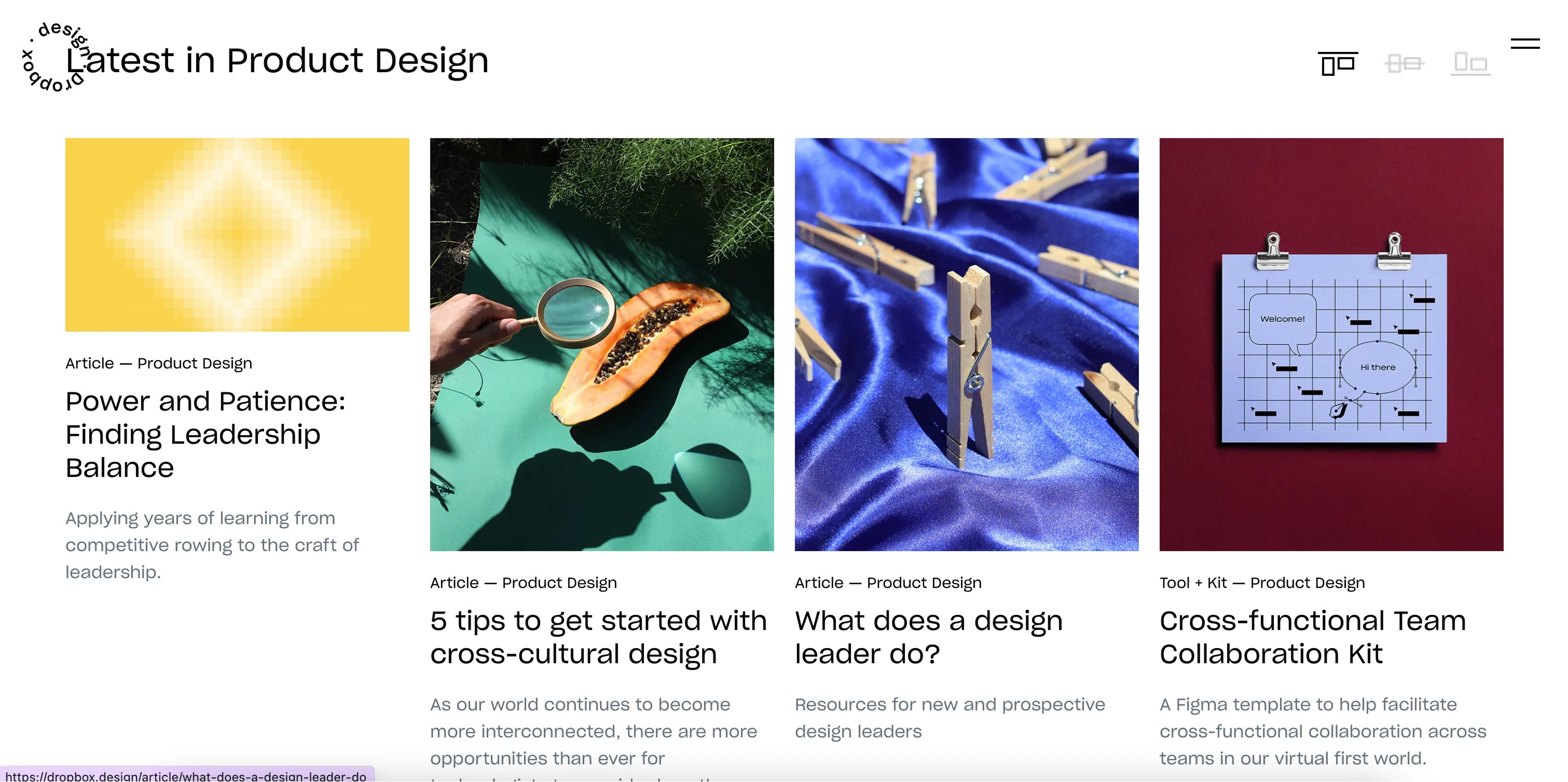 Dropbox design site with bottom-aligned article layout