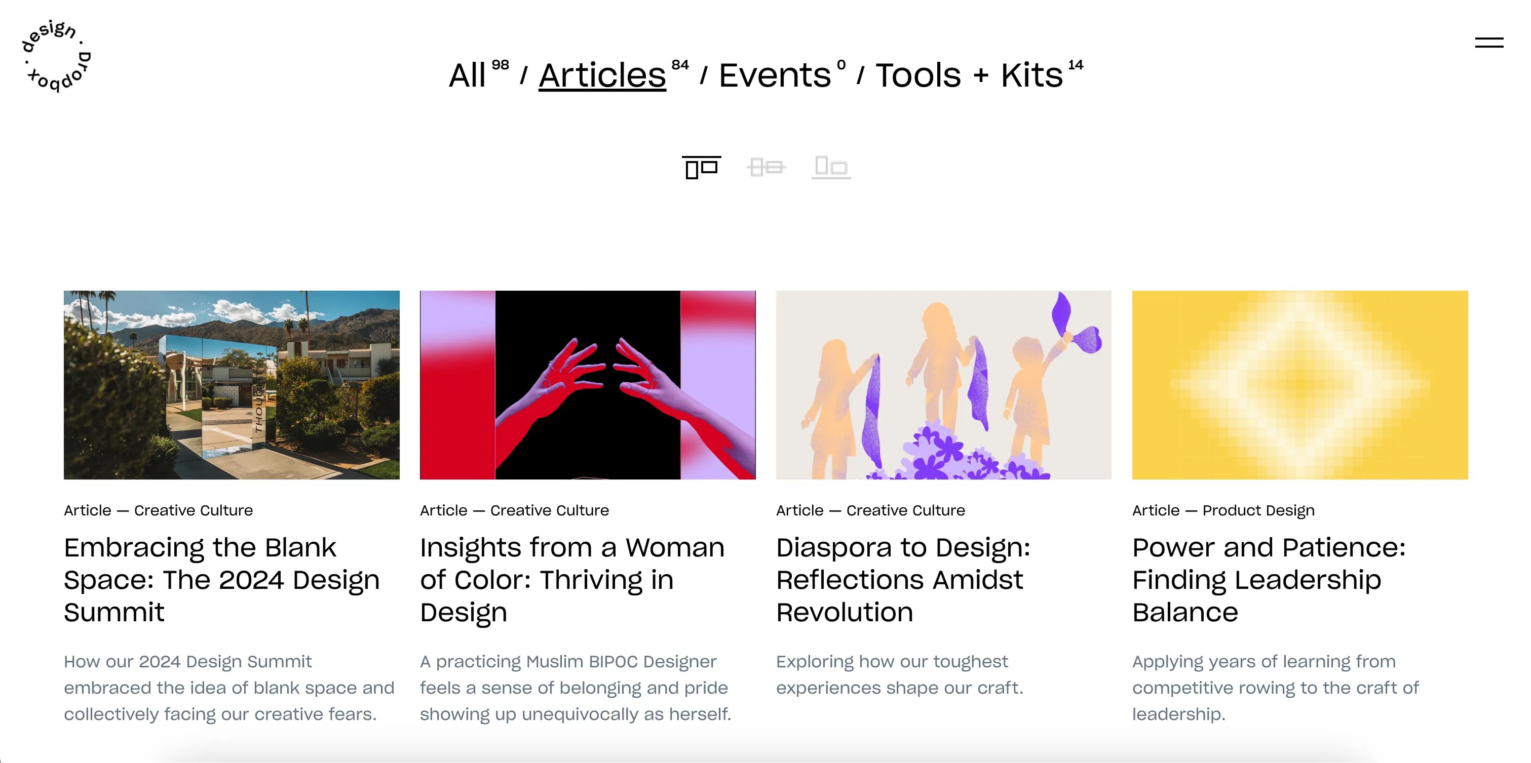 Dropbox design site with top-aligned article layout