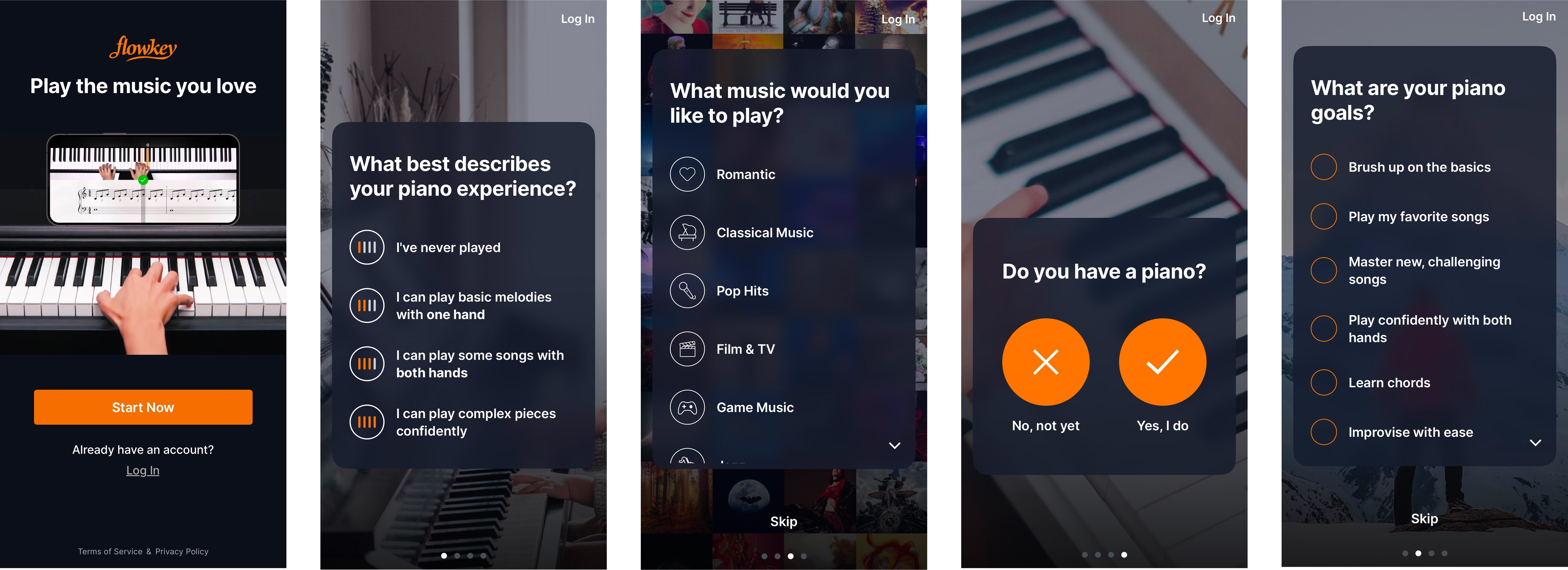 Flowkey onboarding screens for sign up, experience level, and goals