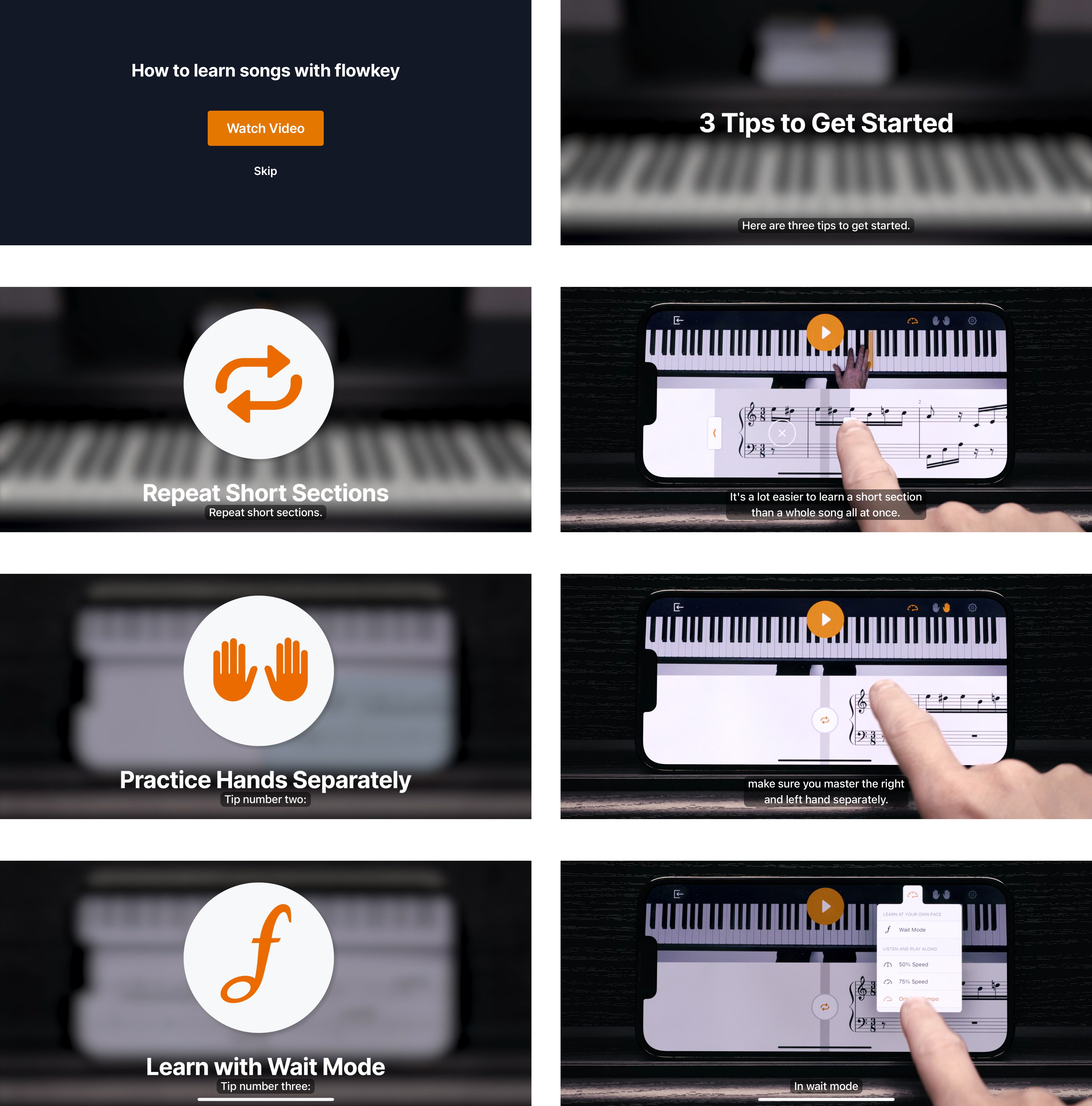 Flowkey onboarding guide video frames