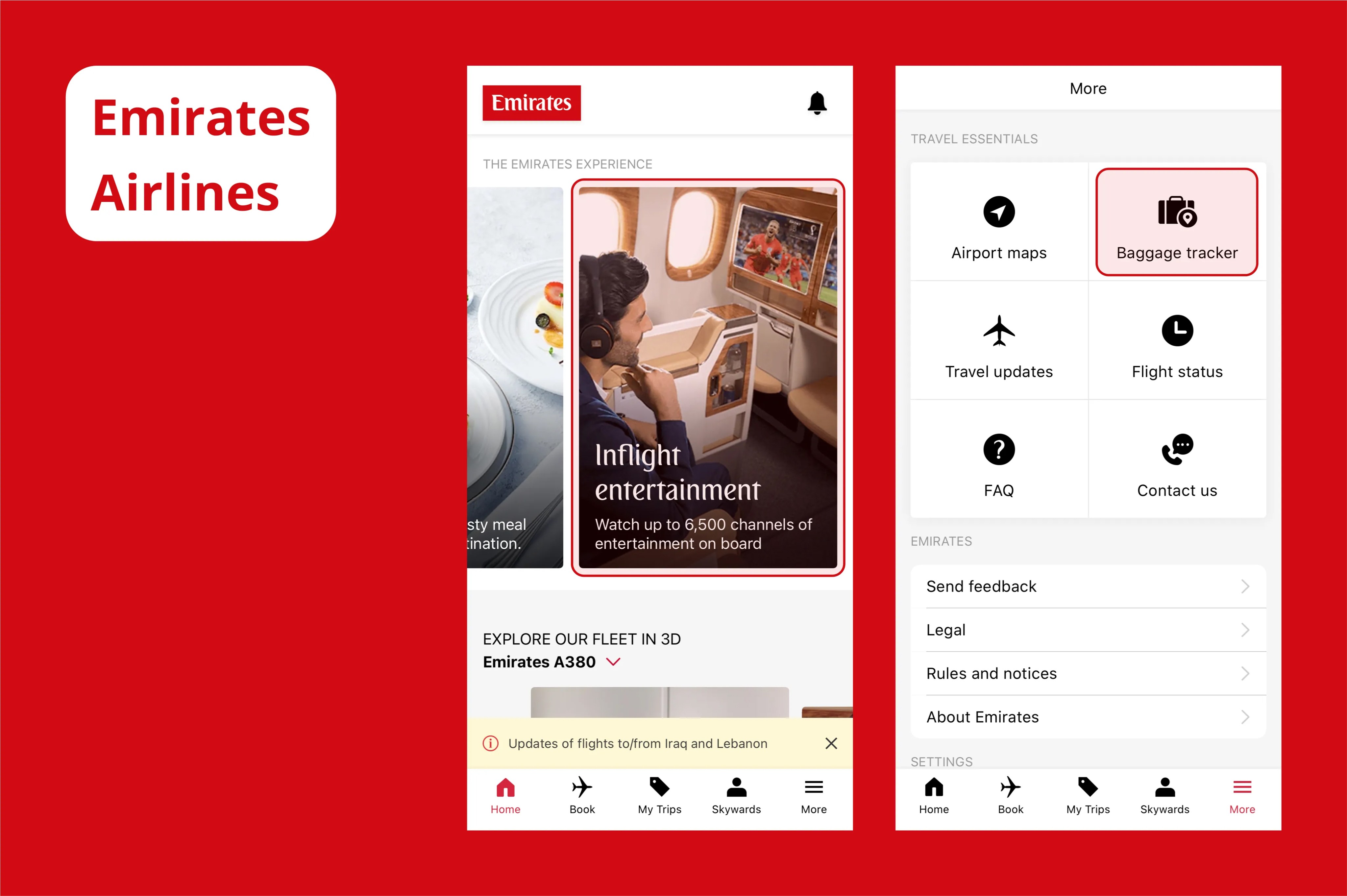 Emirates Airline app home and More menu