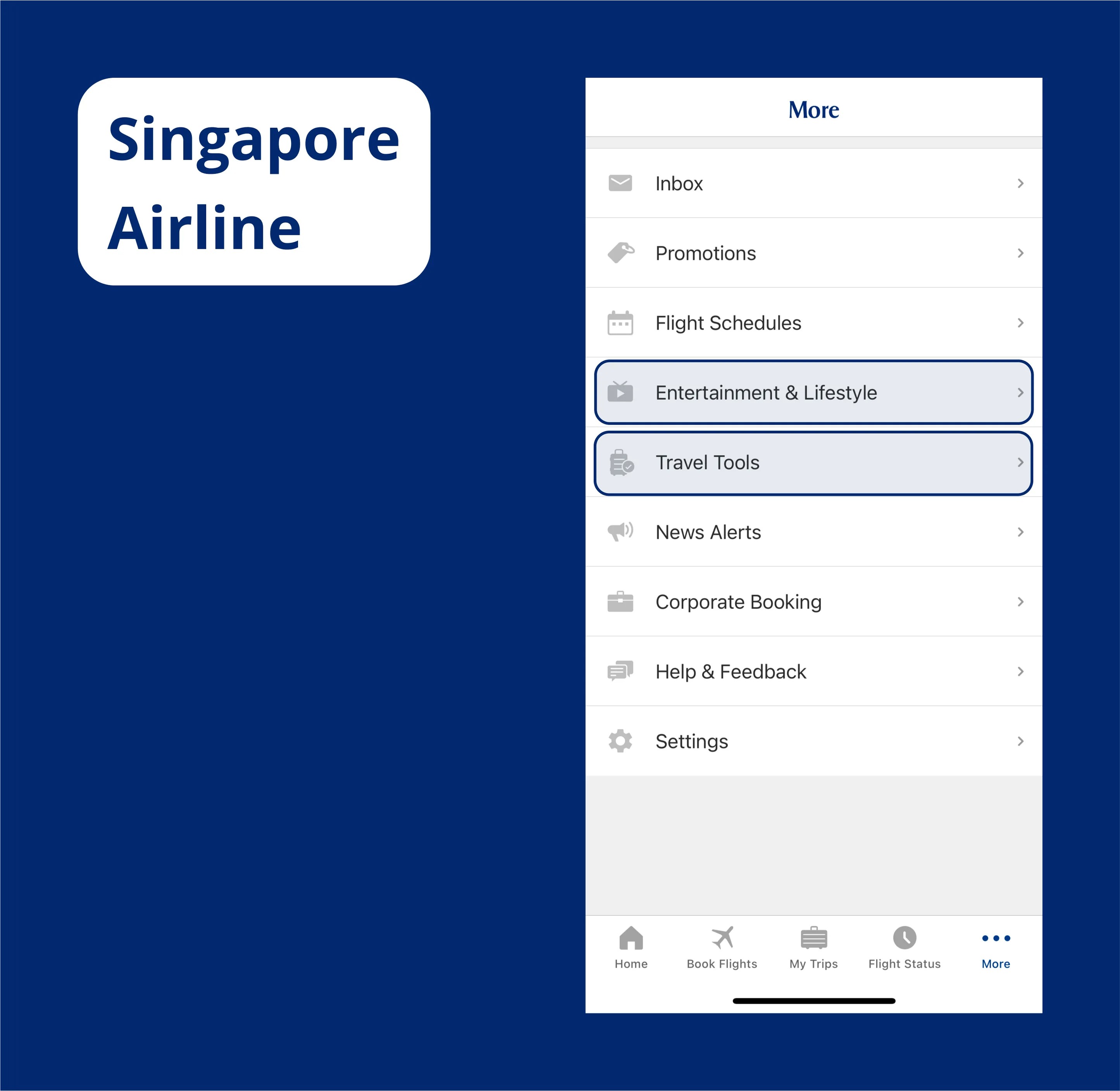 Singapore Airlines app More menu
