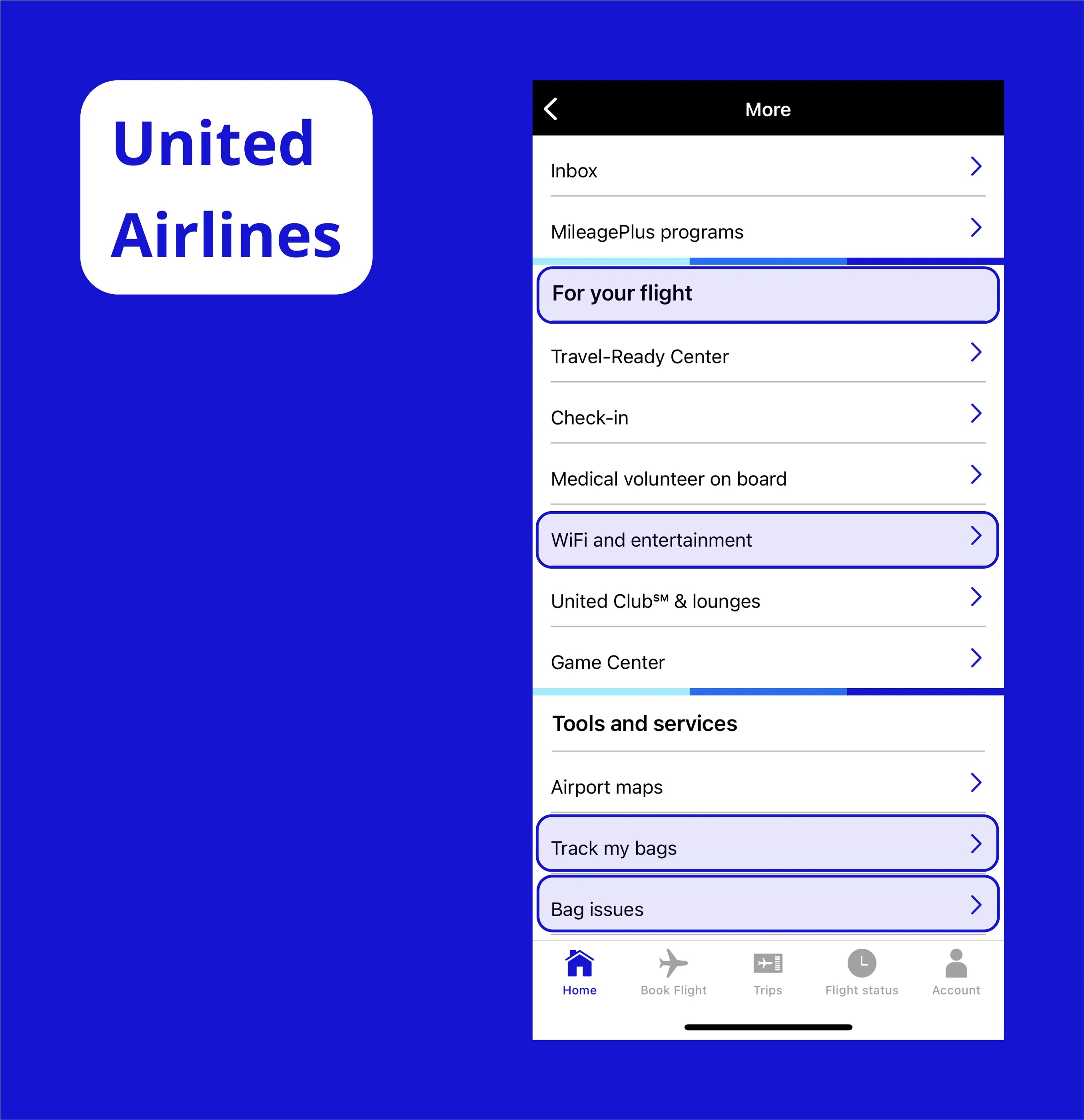 United Airlines app More menu
