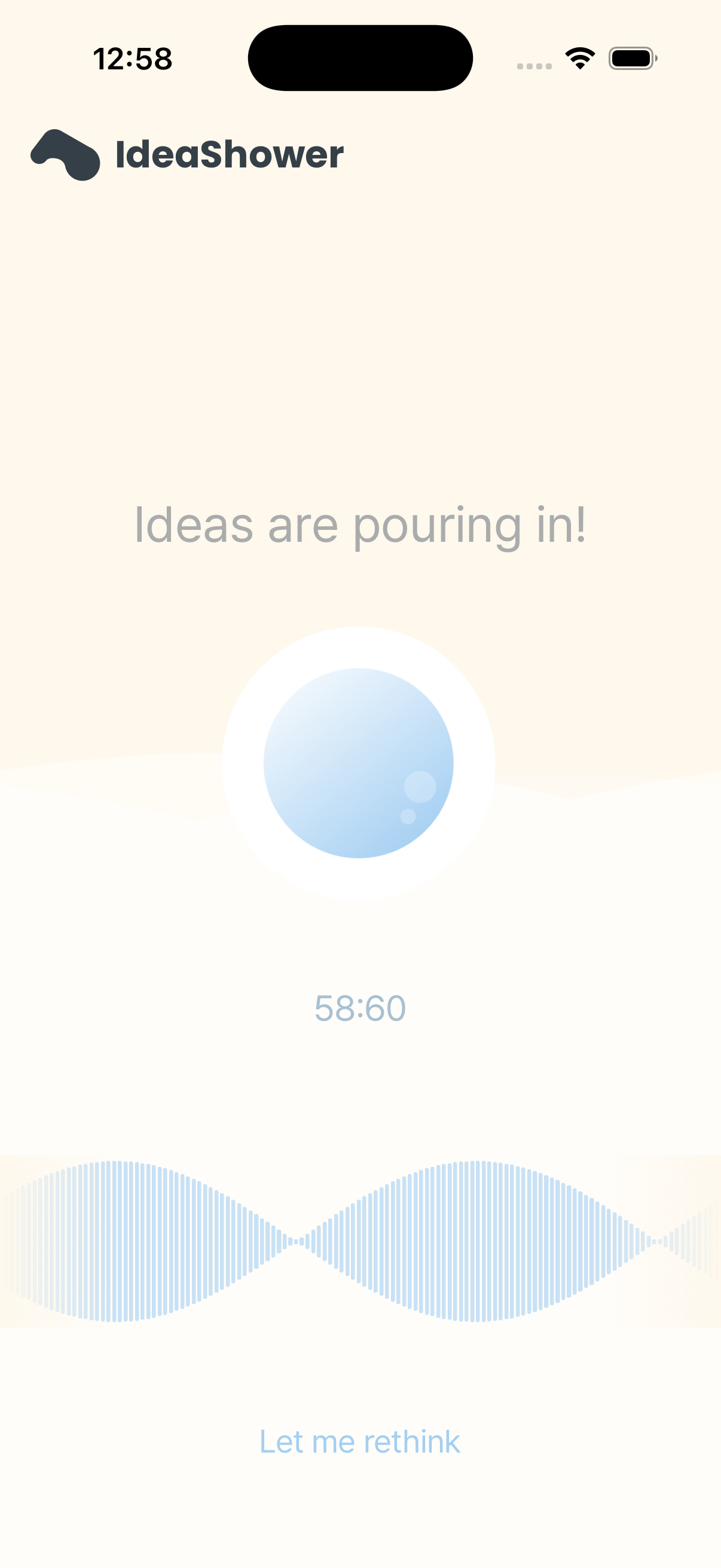 Idea Shower recording screen with a live waveform, reading Ideas are pouring in